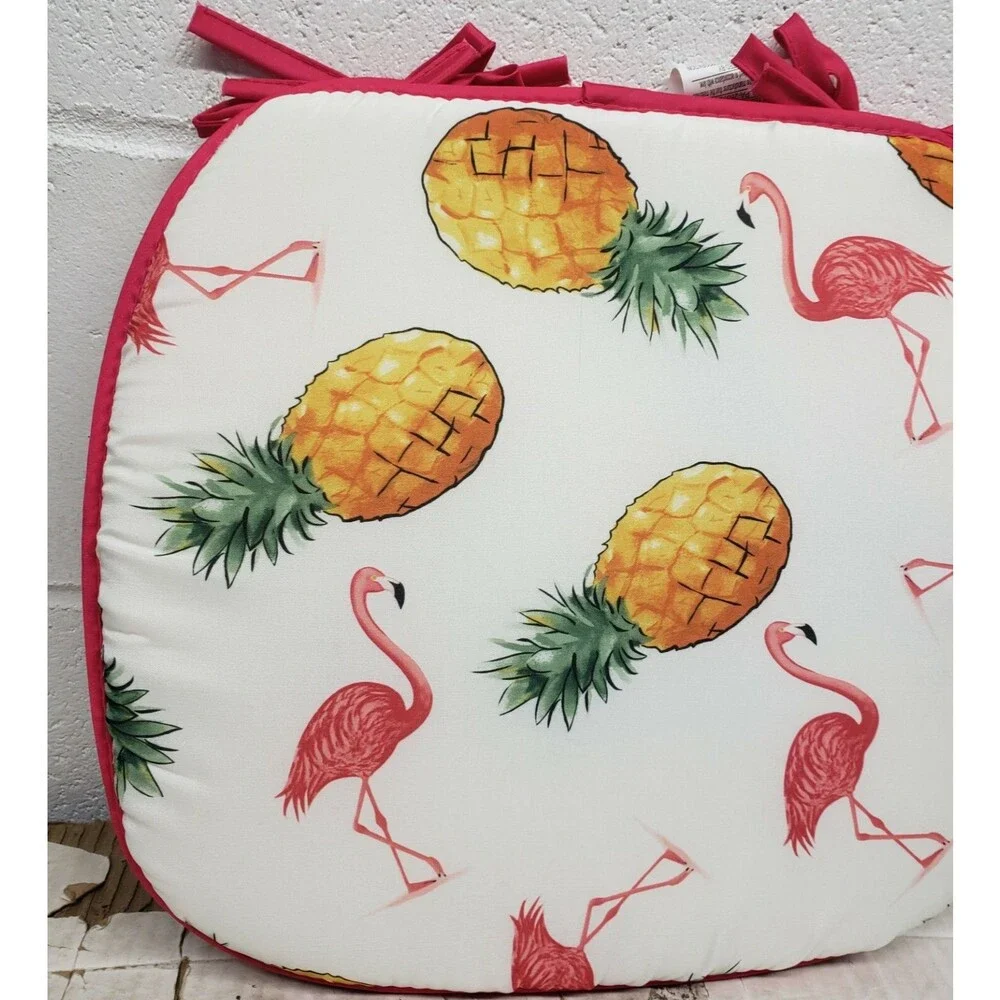 SET OF 2 CHAIR PADS CUSHIONS w/ pink strings, FLAMINGOS & PINEAPPLES,15